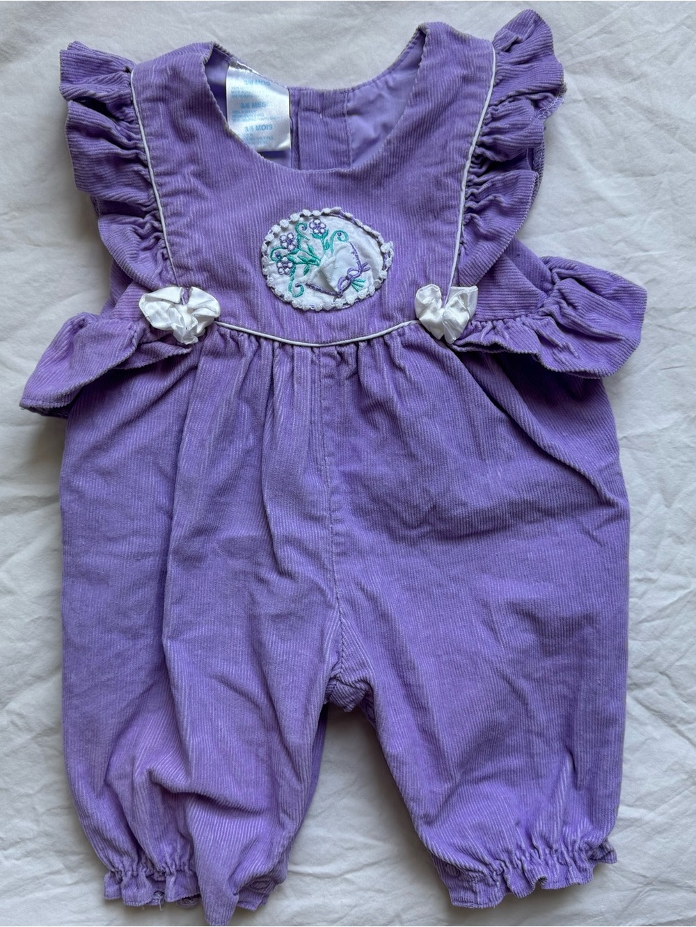 Vintage Baby Girl Corduroy Romper with Ruffles and Floral Embroidery